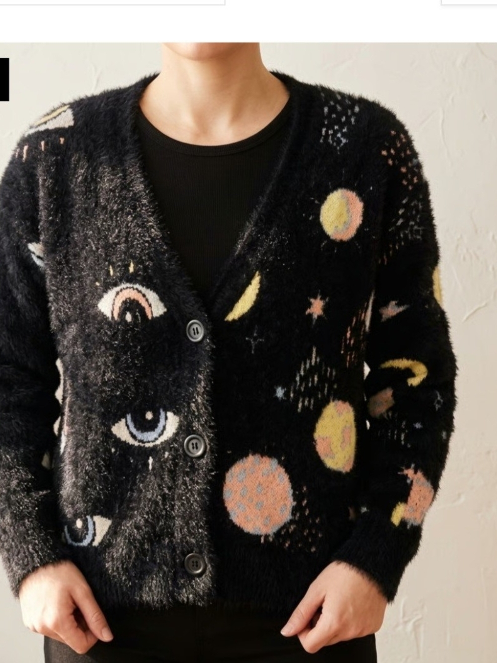 Black Fuzzy Cosmic Motif Teddy Cardigan Jacket